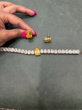 Yellow Emerald-Cut Crystal necklace and Stud Earring Set
